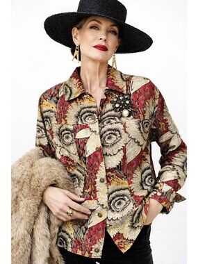 Sunflower Print Design Jacket Blazer Womens 8-10 Silk Blend Red Black Boho Artsy